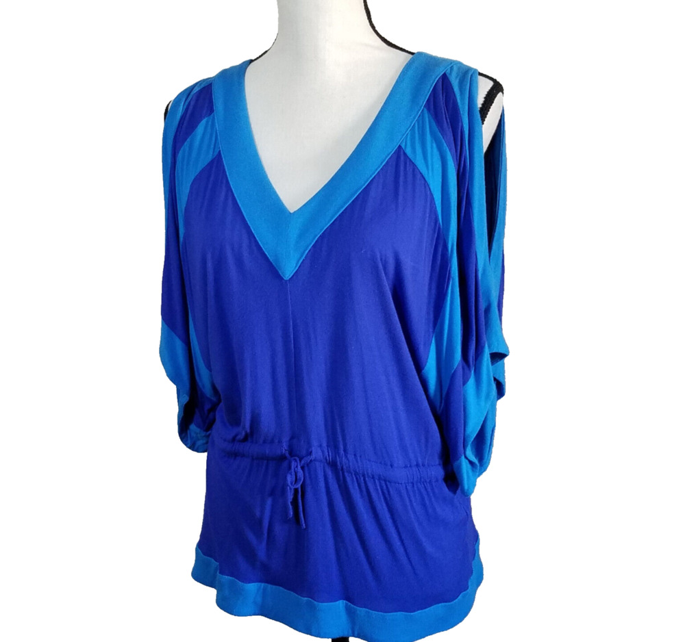 New York & Company Tops Small Blue Purple Short Sleeve Shirt Open Cold Shoulder